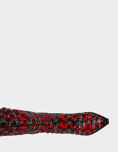 PAMELLA RED PLAID Women's Knee High Kitten Heel Boot with Pointed Toe | Betsey Johnson Deals
