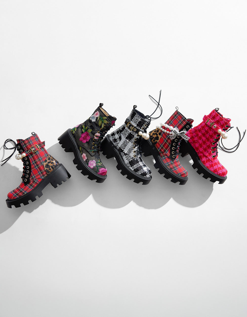 HARIETT RED PLAID Platform Lace-Up Lug Combat Pearl Women's Ankle Boot | Betsey Johnson Premium