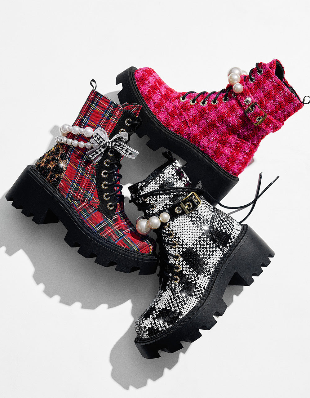 HARIETT RED PLAID Platform Lace-Up Lug Combat Pearl Women's Ankle Boot | Betsey Johnson Premium