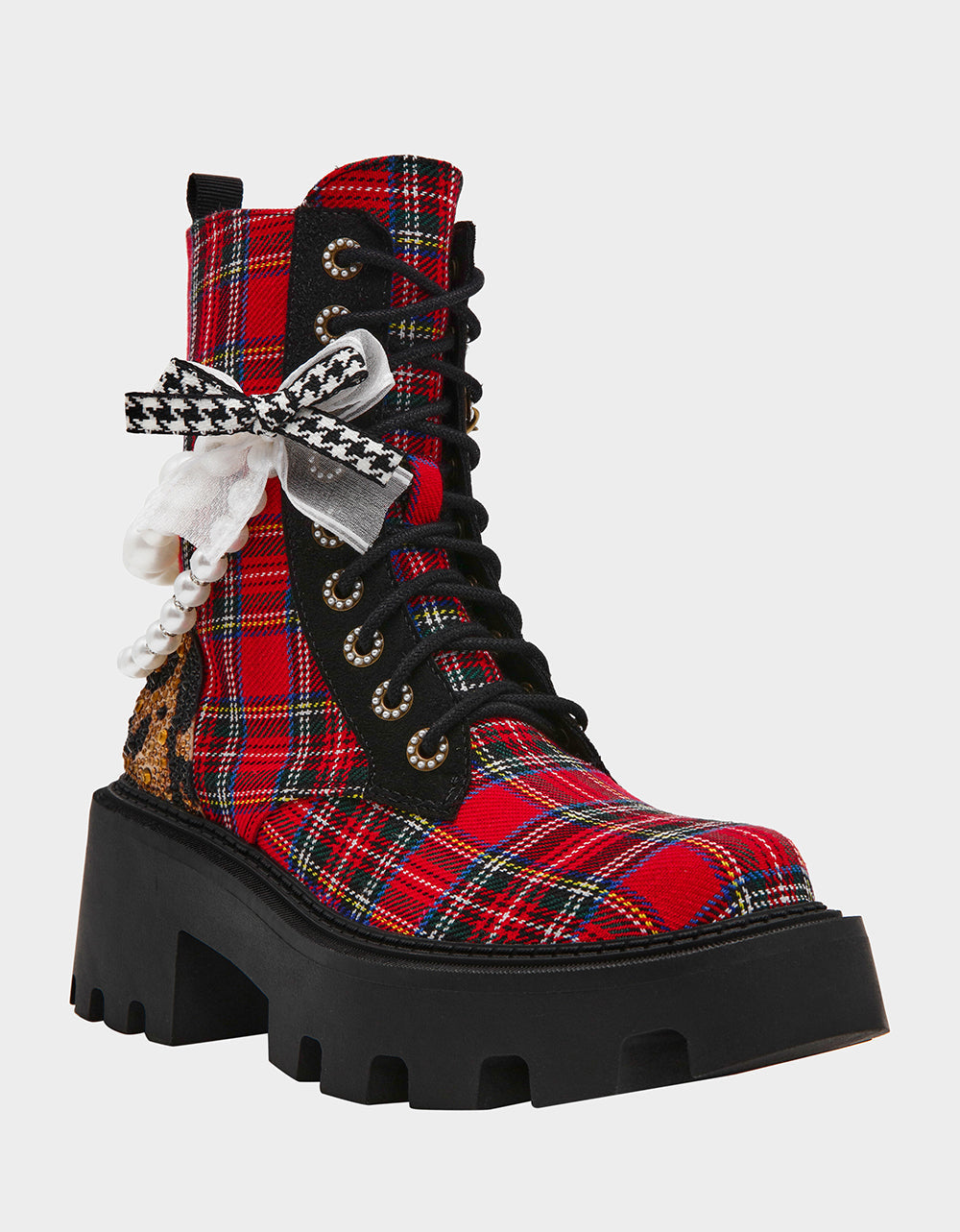 HARIETT RED PLAID Platform Lace-Up Lug Combat Pearl Women's Ankle Boot | Betsey Johnson Premium
