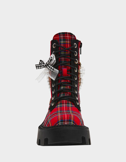 HARIETT RED PLAID Platform Lace-Up Lug Combat Pearl Women's Ankle Boot | Betsey Johnson Premium