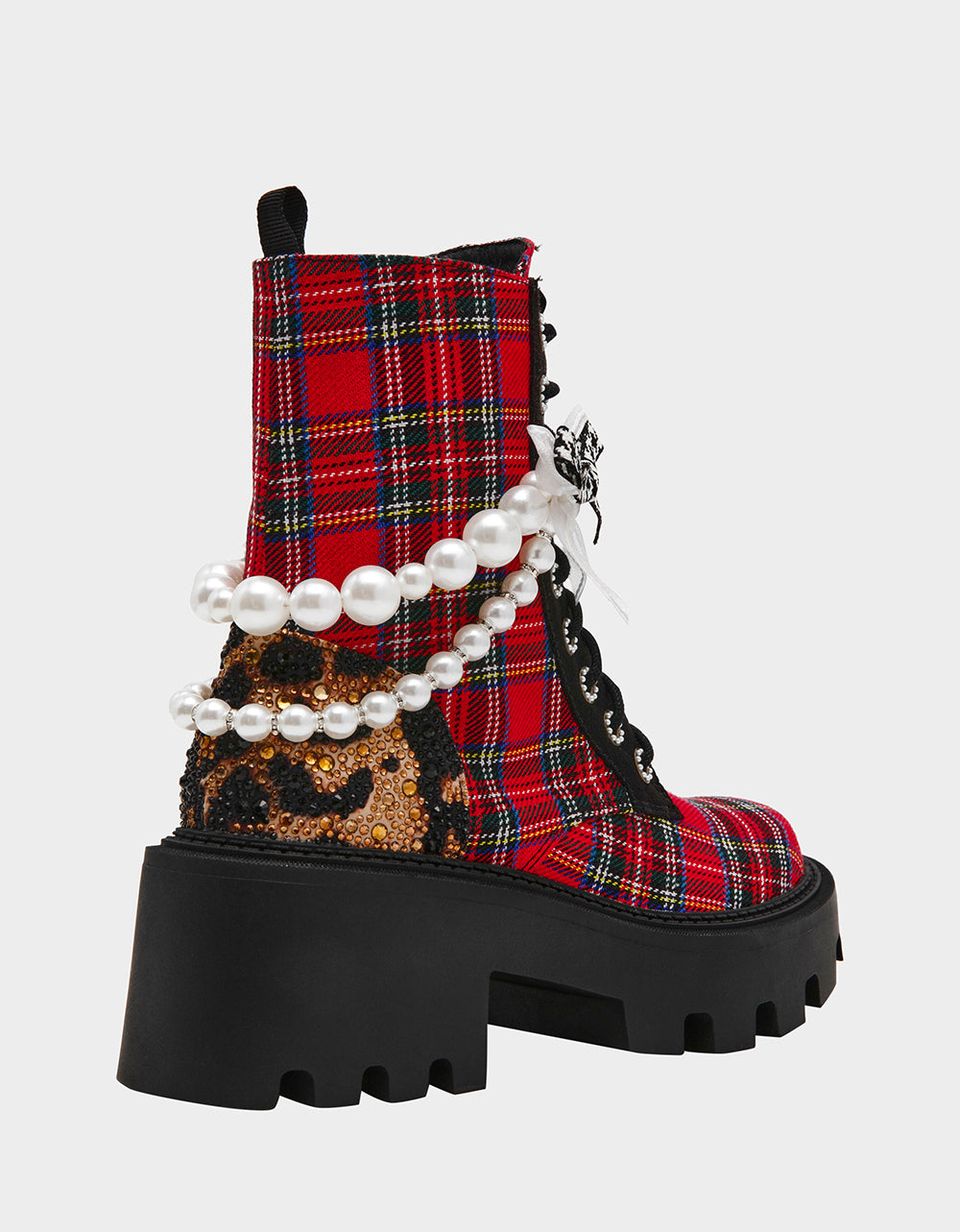 HARIETT RED PLAID Platform Lace-Up Lug Combat Pearl Women's Ankle Boot | Betsey Johnson Premium
