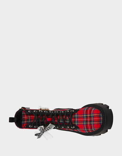 HARIETT RED PLAID Platform Lace-Up Lug Combat Pearl Women's Ankle Boot | Betsey Johnson Premium