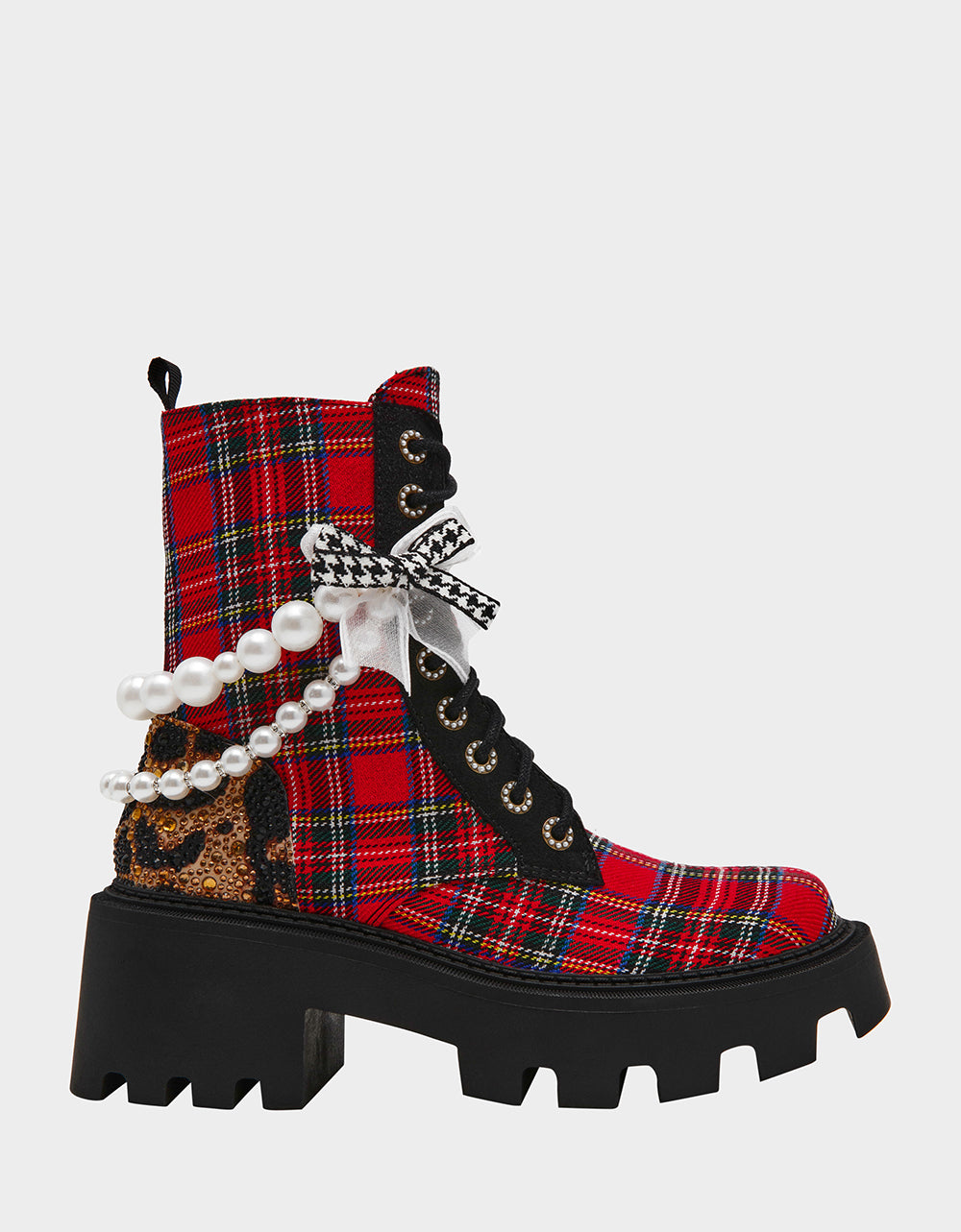 HARIETT RED PLAID Platform Lace-Up Lug Combat Pearl Women's Ankle Boot | Betsey Johnson Premium