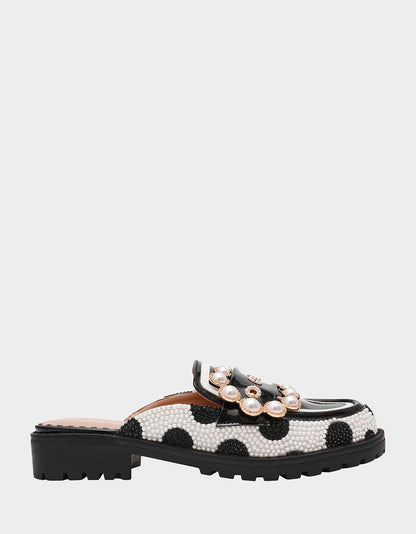 BARTON White/Black Polka Dot Mule Embellished Buckle Lug Women's Loafer | Betsey Johnson Featured