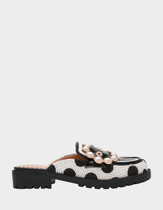 BARTON White/Black Polka Dot Mule Embellished Buckle Lug Women's Loafer | Betsey Johnson Featured