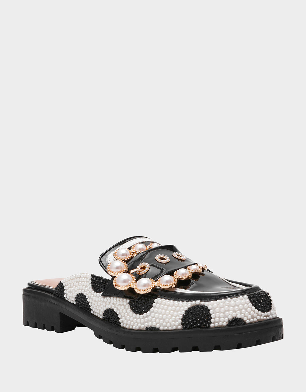 BARTON White/Black Polka Dot Mule Embellished Buckle Lug Women's Loafer | Betsey Johnson Featured