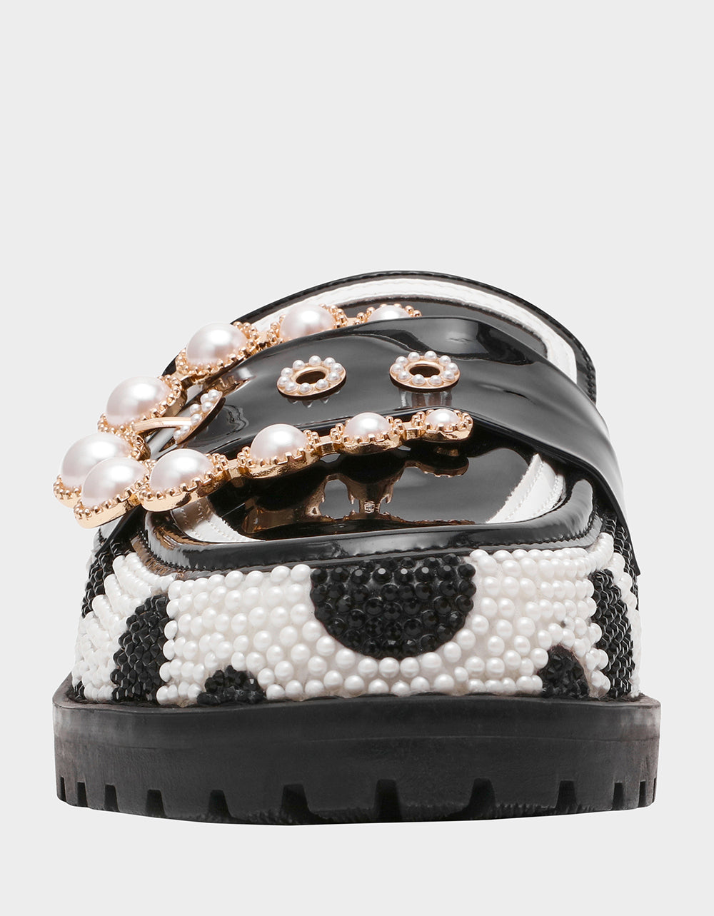 BARTON White/Black Polka Dot Mule Embellished Buckle Lug Women's Loafer | Betsey Johnson Featured