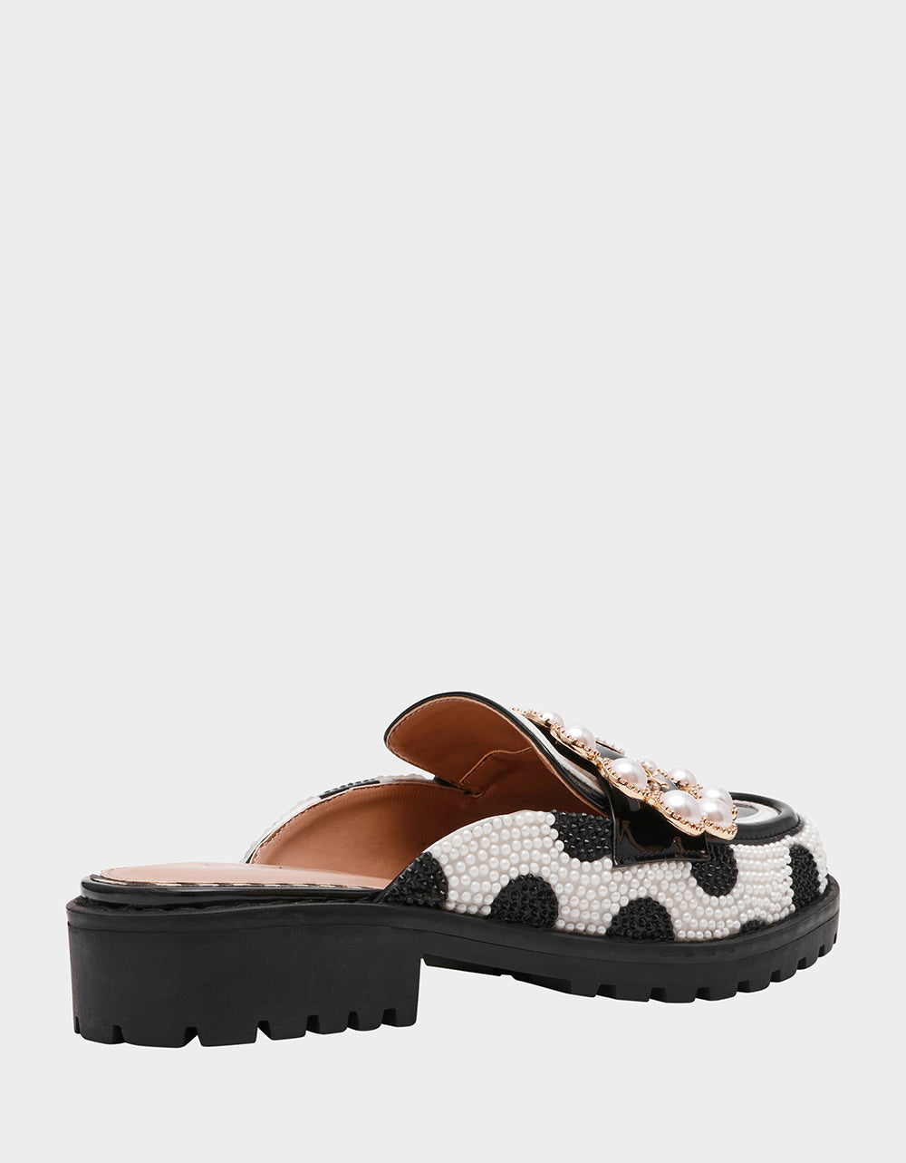 BARTON White/Black Polka Dot Mule Embellished Buckle Lug Women's Loafer | Betsey Johnson Featured