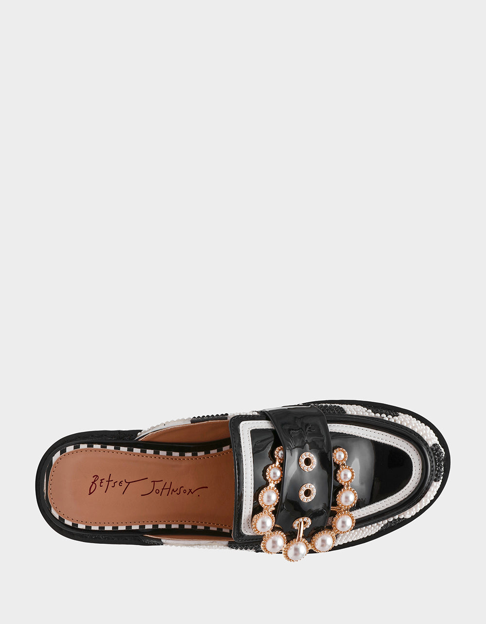 BARTON White/Black Polka Dot Mule Embellished Buckle Lug Women's Loafer | Betsey Johnson Featured
