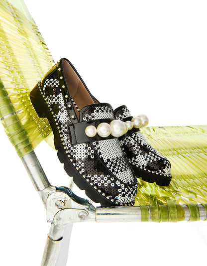 HARLOE BLACK WHITE PLAID Platfrom Pearl Embellished Women's Loafer | Betsey Johnson Best Seller