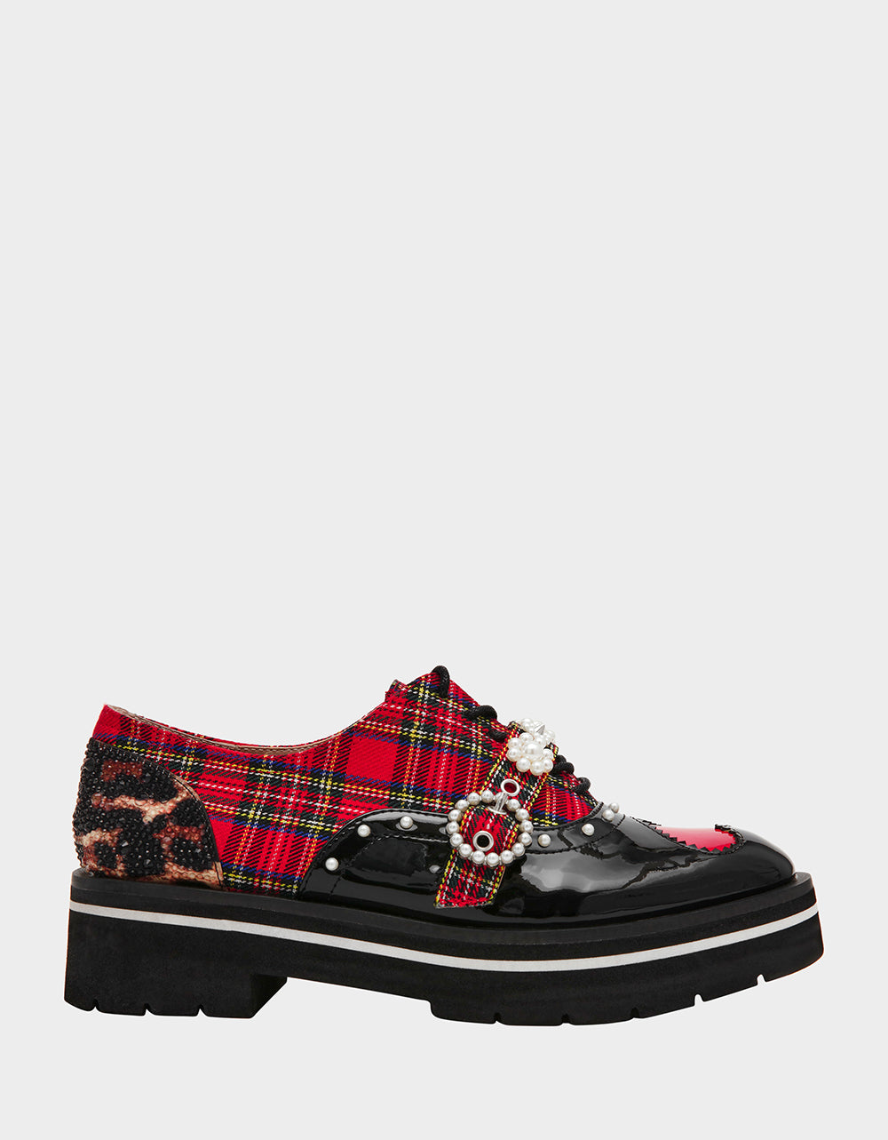 SIMONEE RED PLAID Platform Lace-Up Pearl Embellished Leopard Print Oxford Women's Loafer | Betsey Johnson New