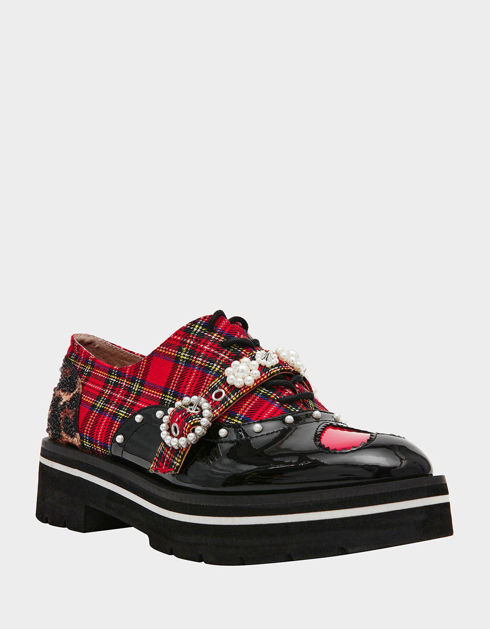 SIMONEE RED PLAID Platform Lace-Up Pearl Embellished Leopard Print Oxford Women's Loafer | Betsey Johnson New