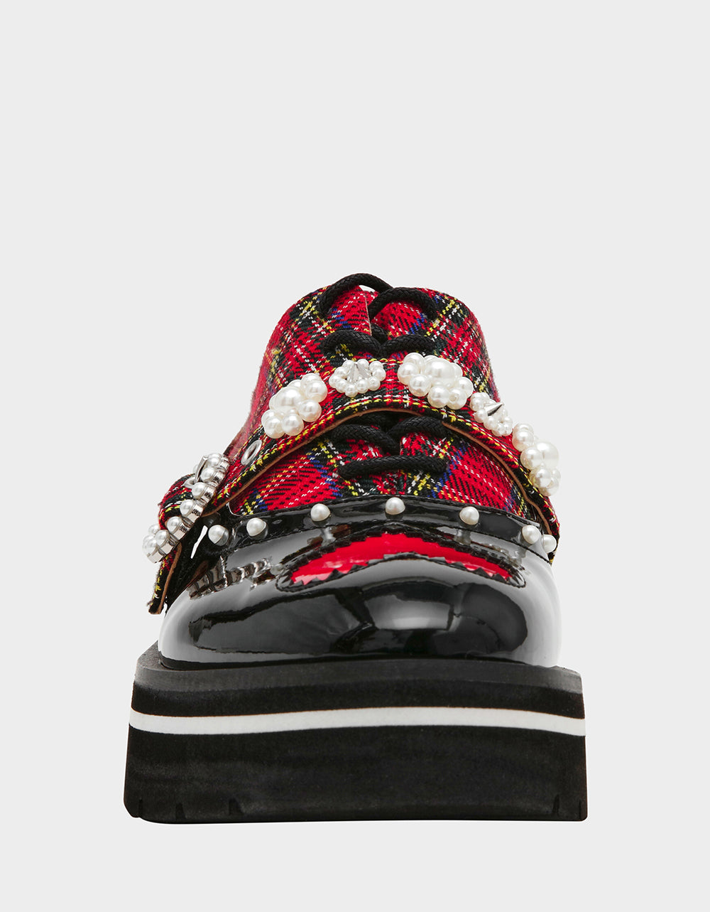 SIMONEE RED PLAID Platform Lace-Up Pearl Embellished Leopard Print Oxford Women's Loafer | Betsey Johnson New