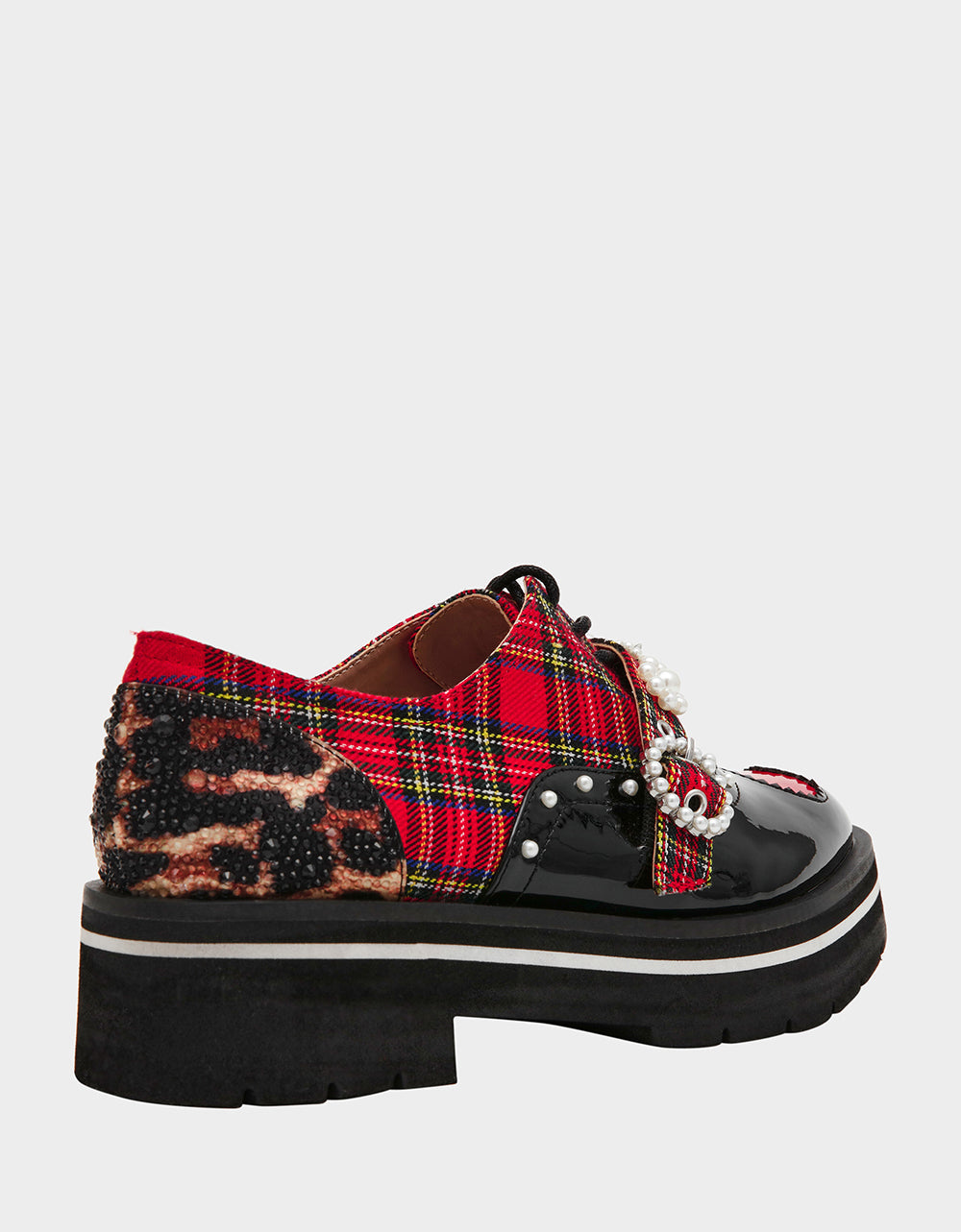 SIMONEE RED PLAID Platform Lace-Up Pearl Embellished Leopard Print Oxford Women's Loafer | Betsey Johnson New