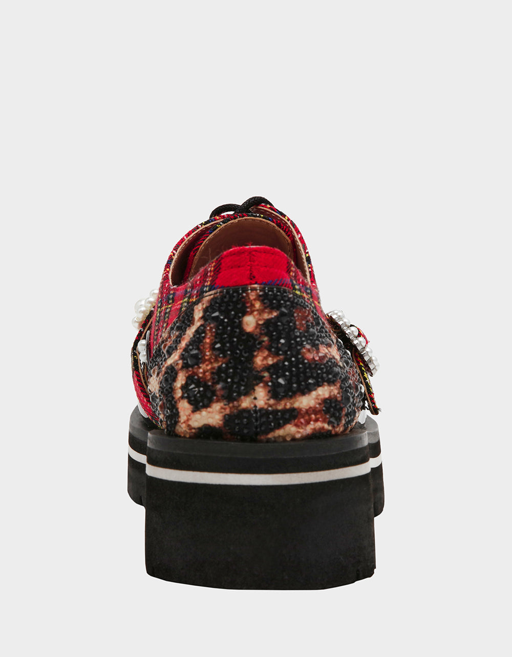 SIMONEE RED PLAID Platform Lace-Up Pearl Embellished Leopard Print Oxford Women's Loafer | Betsey Johnson New