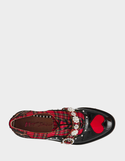 SIMONEE RED PLAID Platform Lace-Up Pearl Embellished Leopard Print Oxford Women's Loafer | Betsey Johnson New