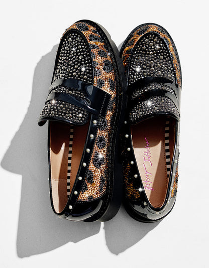 LYDIAA LEOPARD Rhinestone Embellished Platform Women's Loafer | Betsey Johnson New