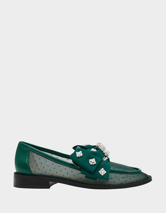 SETH EMERALD Women's Mesh Pearl Bow Slip-On Loafer | Betsey Johnson Value
