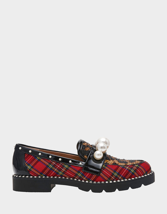 HARLOE RED PLAID Platfrom Pearl Embellished Women's Loafer | Betsey Johnson Quality