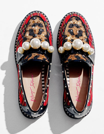 HARLOE RED PLAID Platfrom Pearl Embellished Women's Loafer | Betsey Johnson Quality