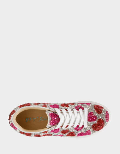 SIDNY RED/PINK HEARTS MULTI Women's Rhinestone Valentine's Day Heart Sneakers | Betsey Johnson Classic