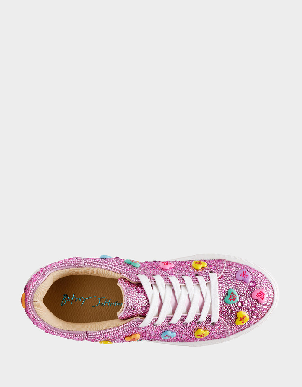 SIDNY PINK MULTI HEARTS Women's Rhinestone Candy Heart Sneaker | Betsey Johnson Best Price