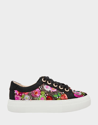 BONNY Black Floral Sequin Mesh Floral Platform Low-Top Women's Sneaker | Betsey Johnson Recommended
