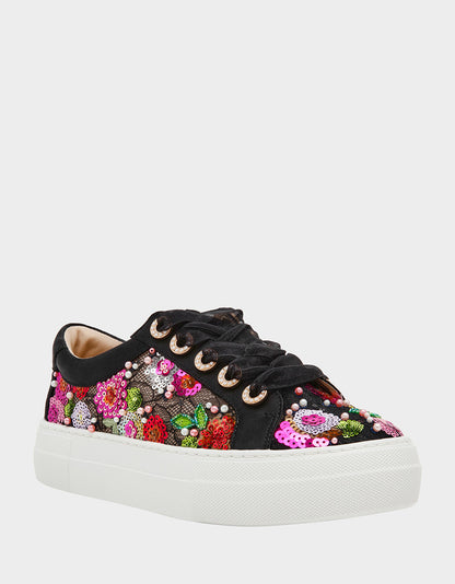 BONNY Black Floral Sequin Mesh Floral Platform Low-Top Women's Sneaker | Betsey Johnson Recommended