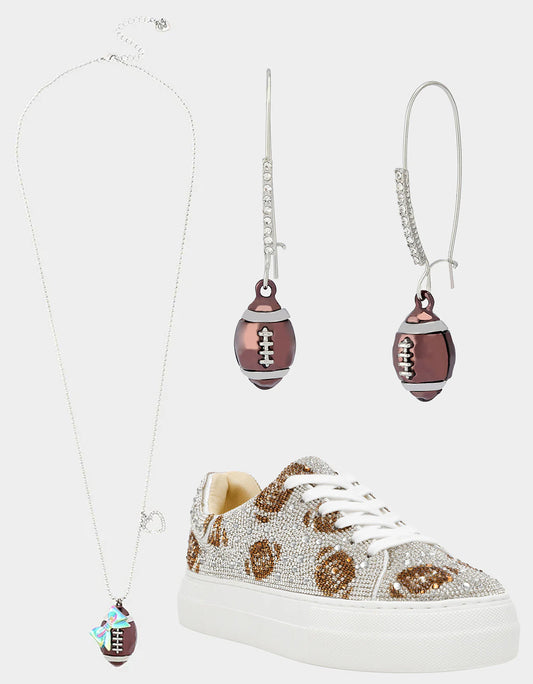 THE BIG GAME BUNDLE Women's Football Rhinestone Sneakers, Earrings, and Necklace Set | Betsey Johnson Exclusive