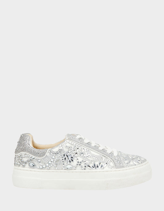 REILY WHITE Platform Low-Top Lace-Up Rhinestone Women's Sneaker | Betsey Johnson Latest