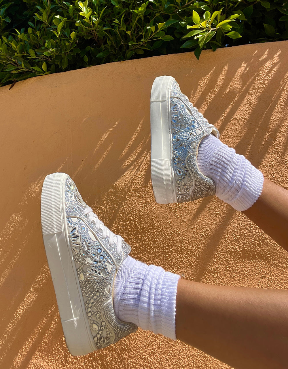 REILY WHITE Platform Low-Top Lace-Up Rhinestone Women's Sneaker | Betsey Johnson Latest