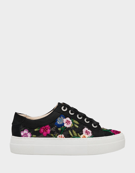 JAYLA BLACK MULTI FLORAL Platform Low-Top Lace-Up Sneaker | Betsey Johnson Featured
