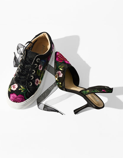 JAYLA BLACK MULTI FLORAL Platform Low-Top Lace-Up Sneaker | Betsey Johnson Featured