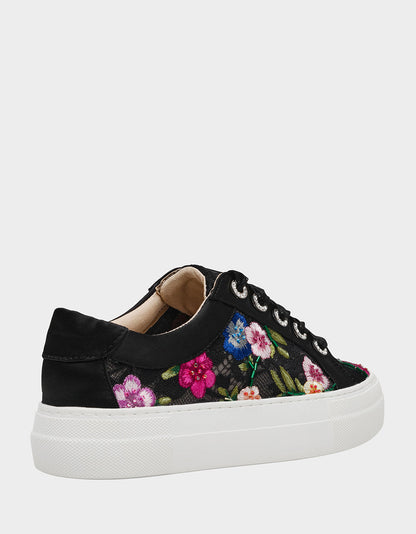 JAYLA BLACK MULTI FLORAL Platform Low-Top Lace-Up Sneaker | Betsey Johnson Featured
