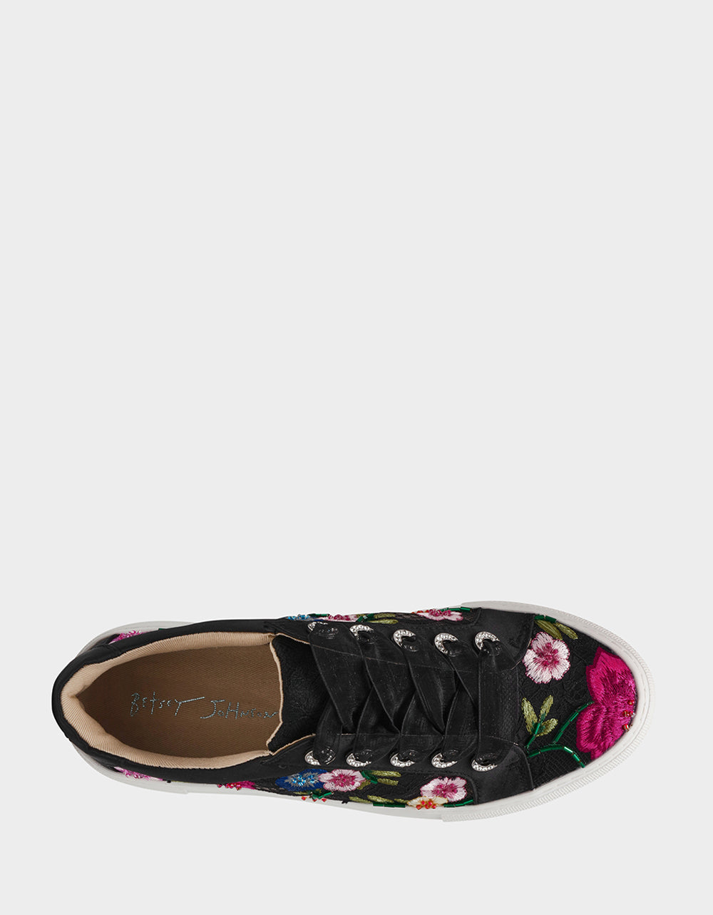 JAYLA BLACK MULTI FLORAL Platform Low-Top Lace-Up Sneaker | Betsey Johnson Featured