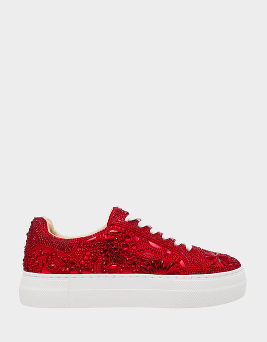REILY RED Platform Low-Top Lace-Up Rhinestone Women's Sneaker | Betsey Johnson Trending