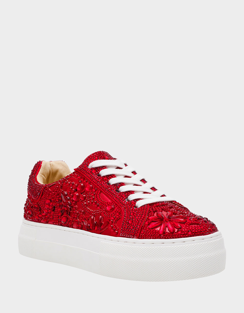 REILY RED Platform Low-Top Lace-Up Rhinestone Women's Sneaker | Betsey Johnson Trending