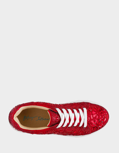 REILY RED Platform Low-Top Lace-Up Rhinestone Women's Sneaker | Betsey Johnson Trending
