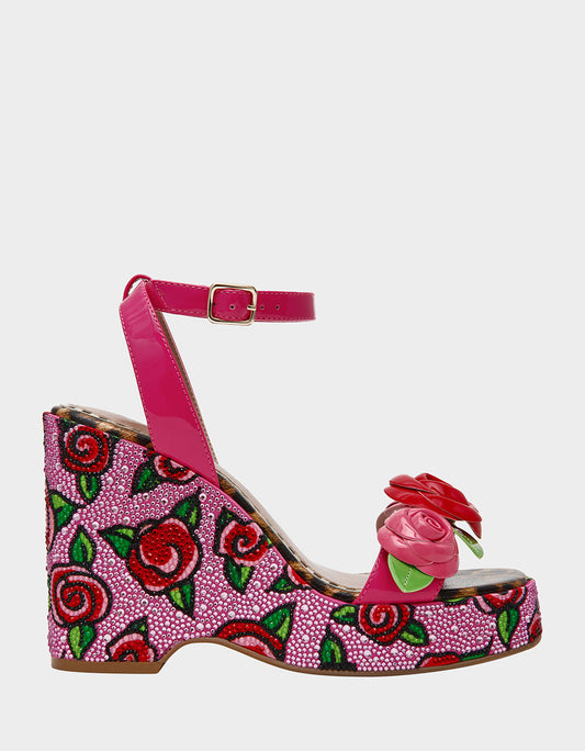 LIZZETE Fuchsia Rose Platform Flowers Embellished Women's Wedge Heel | Betsey Johnson Best Price