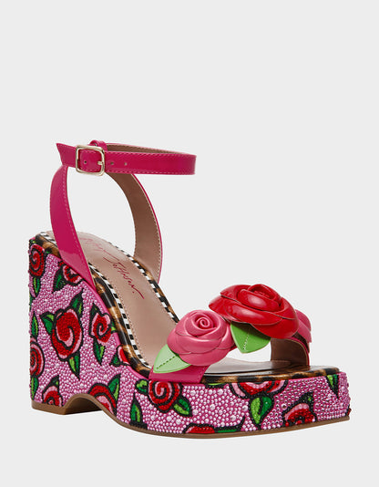 LIZZETE Fuchsia Rose Platform Flowers Embellished Women's Wedge Heel | Betsey Johnson Best Price