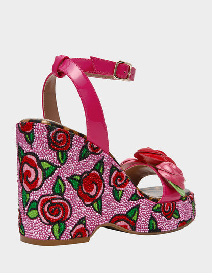 LIZZETE Fuchsia Rose Platform Flowers Embellished Women's Wedge Heel | Betsey Johnson Best Price