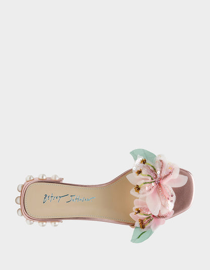 ROSIA Light Pink Flower Embellished Pearl Square-Toe Women's Block Heel | Betsey Johnson Top Pick