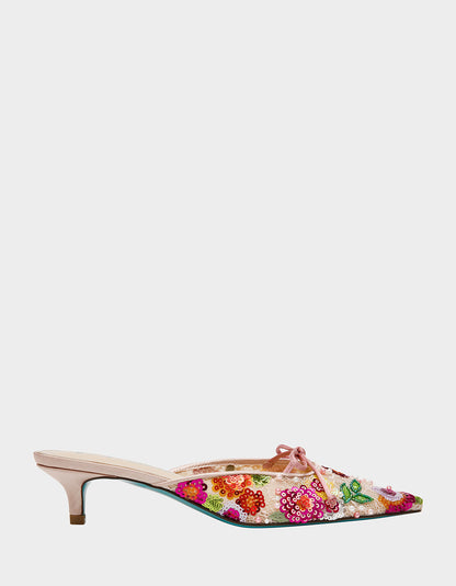 KEELY Nude Floral Pointed-Toe Mule Embellished Women's Kitten Heel | Betsey Johnson Latest