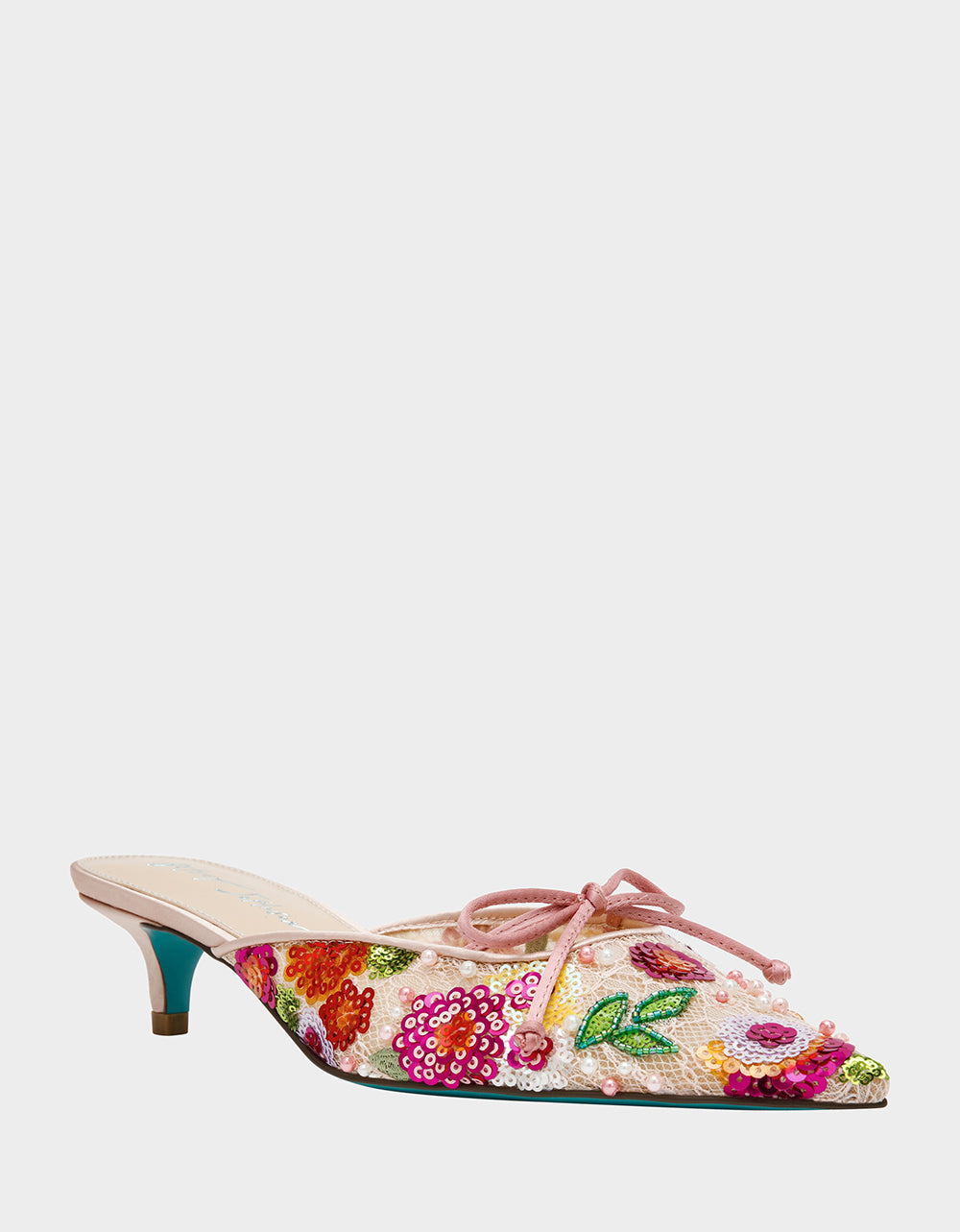 KEELY Nude Floral Pointed-Toe Mule Embellished Women's Kitten Heel | Betsey Johnson Latest