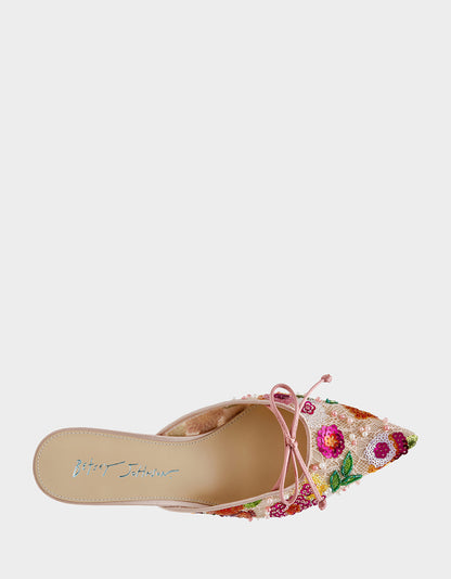 KEELY Nude Floral Pointed-Toe Mule Embellished Women's Kitten Heel | Betsey Johnson Latest