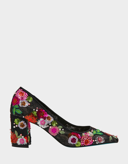 CYRUS Black Floral Pointed-Toe Sequin Embellished Women's Heel | Betsey Johnson Latest