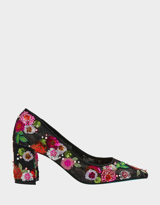 CYRUS Black Floral Pointed-Toe Sequin Embellished Women's Heel | Betsey Johnson Latest