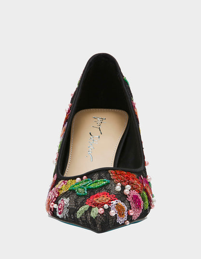 CYRUS Black Floral Pointed-Toe Sequin Embellished Women's Heel | Betsey Johnson Latest
