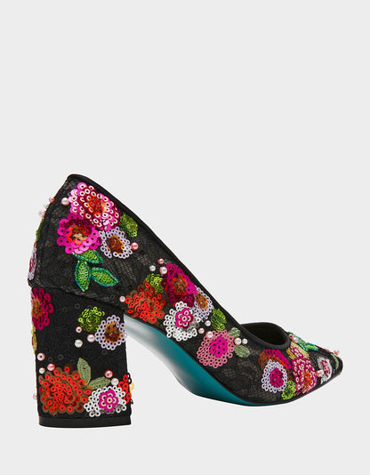 CYRUS Black Floral Pointed-Toe Sequin Embellished Women's Heel | Betsey Johnson Latest